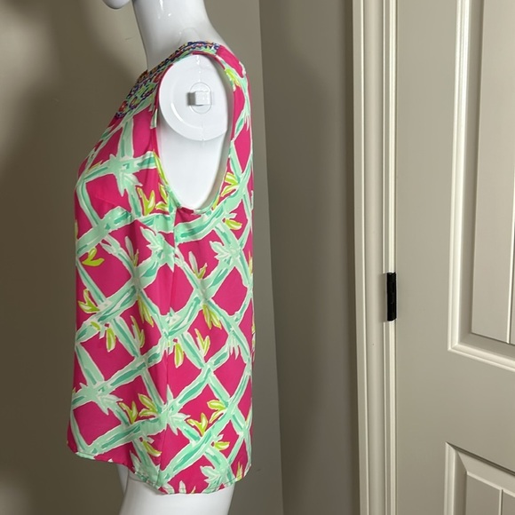 Lilly Pulitzer lona Sleeveless Silk Top Button Back Shirt Pink Green Crewneck S - Picture 6 of 13